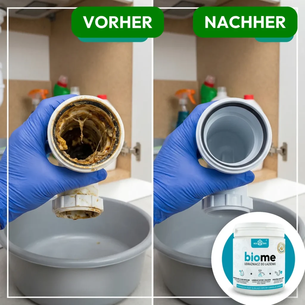 Vorher und nachher: BioMe biologischer Abflussreiniger fürs Bad 500 g